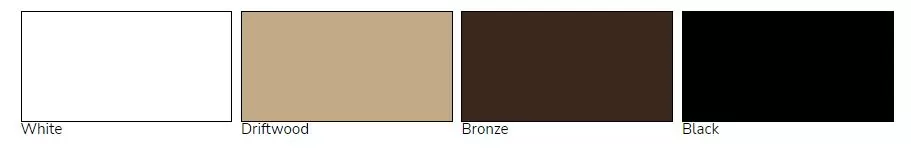 Color swatches for Sunspace by Sunrise Sunrooms acrylic roof options: White, Driftwood, Bronze, and Black.