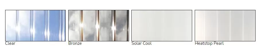 Acrylic roof color options including Clear, Bronze, Solar Cool, and Heatstop Pearl, showcasing customizable solutions for Sunspace patio covers.