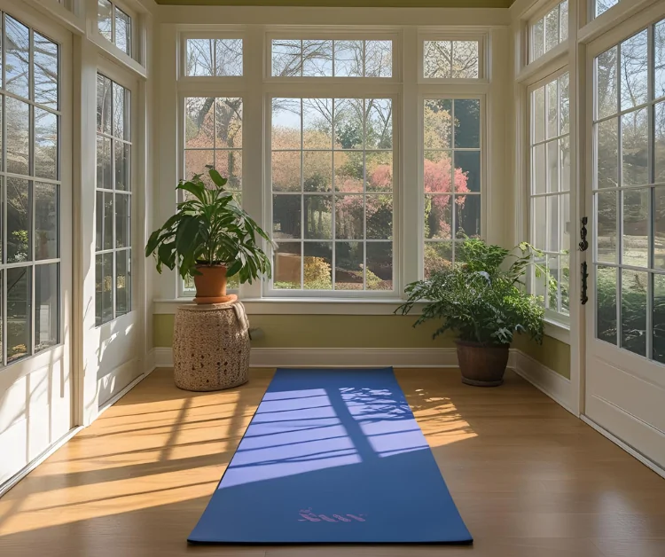Sunroom interior featuring a blue yoga mat, large windows allowing natural light, potted plants, and a serene view of the outdoors, ideal for meditation and relaxation.