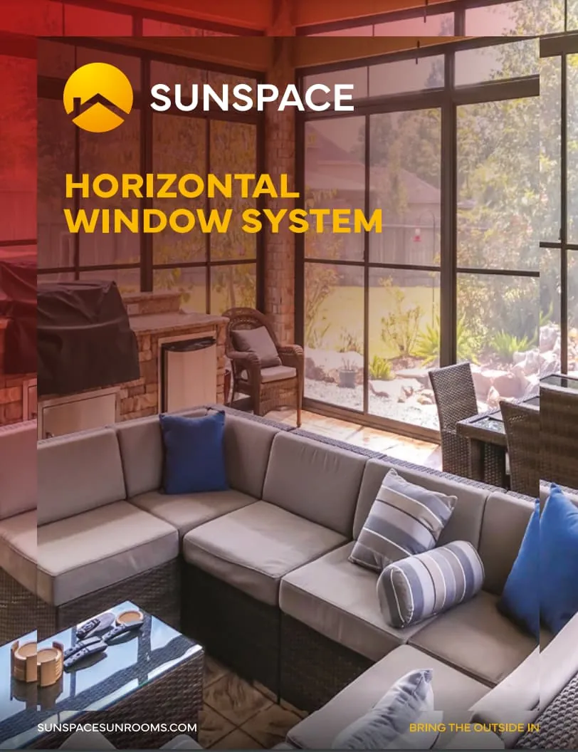 Sunspace Horizontal Window System showcasing a modern living space with comfortable seating, emphasizing energy efficiency and aesthetic appeal, ideal for enhancing home comfort.
