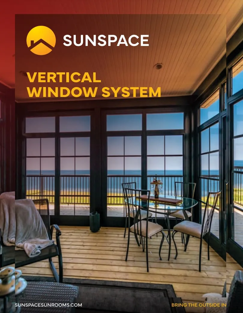 Sunspace Vertical Window System showcasing a modern interior with glass windows, outdoor view, and dining area, emphasizing energy efficiency and aesthetic design.